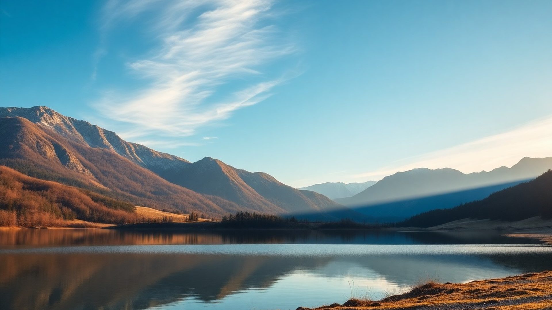 Alpska pokrajina v Sloveniji ob zori, mirno jezero in azurno nebo